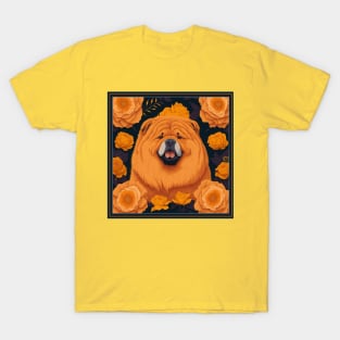 Dogs, chow chow and flowers, dog, seamless print, style vector (yellow version chow-chow) T-Shirt